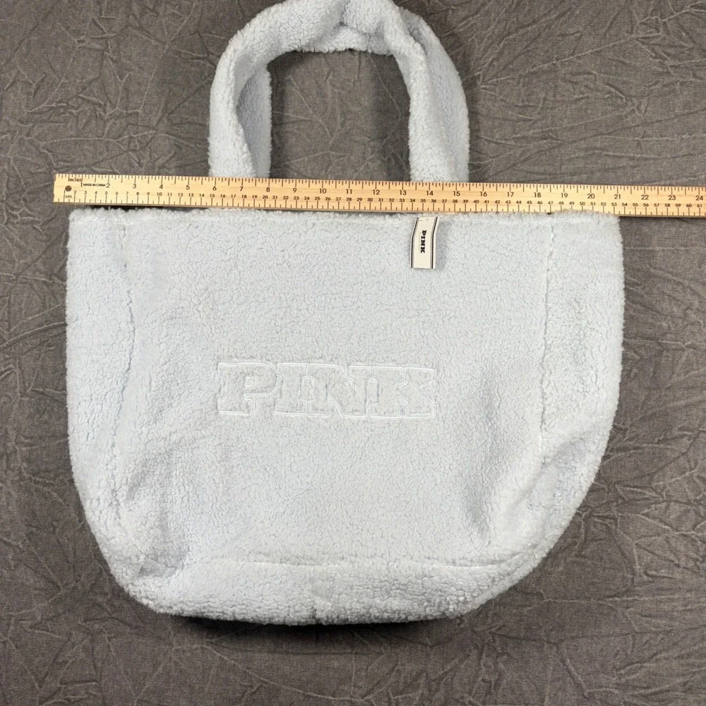 PINK Tote Bag Women One Size Blue Sherpa Fleece Logo Teddy Zip Shoulder Bag